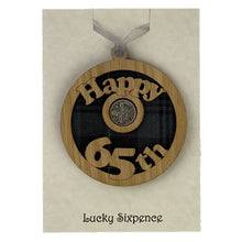 Load image into Gallery viewer, Happy 65th Lucky Sixpence Scottish Themed Gift with tartan background and wooden frame