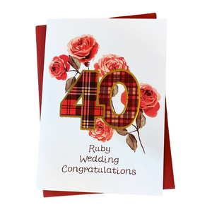 Ruby Wedding Aniversary Card with Tartan and Floral Design