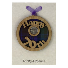 Load image into Gallery viewer, Happy 70th Lucky Sixpence Scottish Themed Gift with Hanging wooden wall plaque and lucky sixpence centre