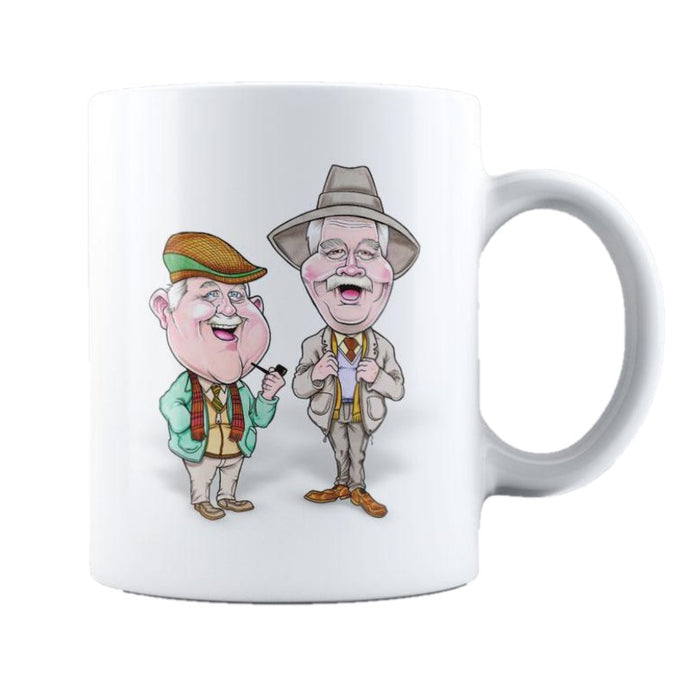 An 11oz ceramic mug that has a design it showcasing everyone's favorite auld pals! This mug would make a funny Scottish themed gift. Not dishwasher safe.