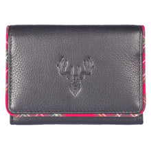 Load image into Gallery viewer, Black leather coin purse with tartan embroidery design and stag logo
