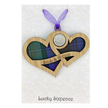 Load image into Gallery viewer, Lucky Sixpence Twin Heart wooden plaque with Bride & Groom