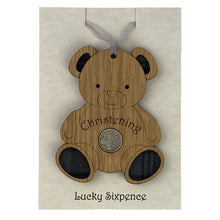 Load image into Gallery viewer, Wooden Plaque in the shape of a bear with tartan feet and lucky sixpence in the centre