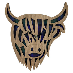 Highland Cow Wooden Wall Clock With Tartan Background