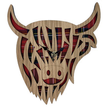 Load image into Gallery viewer, Highland Cow Wooden Wall Clock With Tartan Background