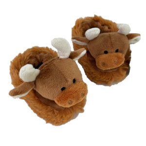 Scottish Baby Slippers with brown highland cow design on the front of the shoe