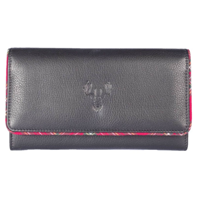 Ladies leather purse in black with tartan embroidered design