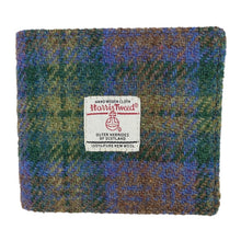 Load image into Gallery viewer, Mens Harris Tweed Wallet with green, blue and yellow tweed and white Harris Tweed Label in the centre 
