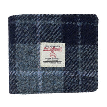 Load image into Gallery viewer, Mens Harris Tweed Wallet with blue tweed, white Harris Tweed Label in the centre and black leather inserts 
