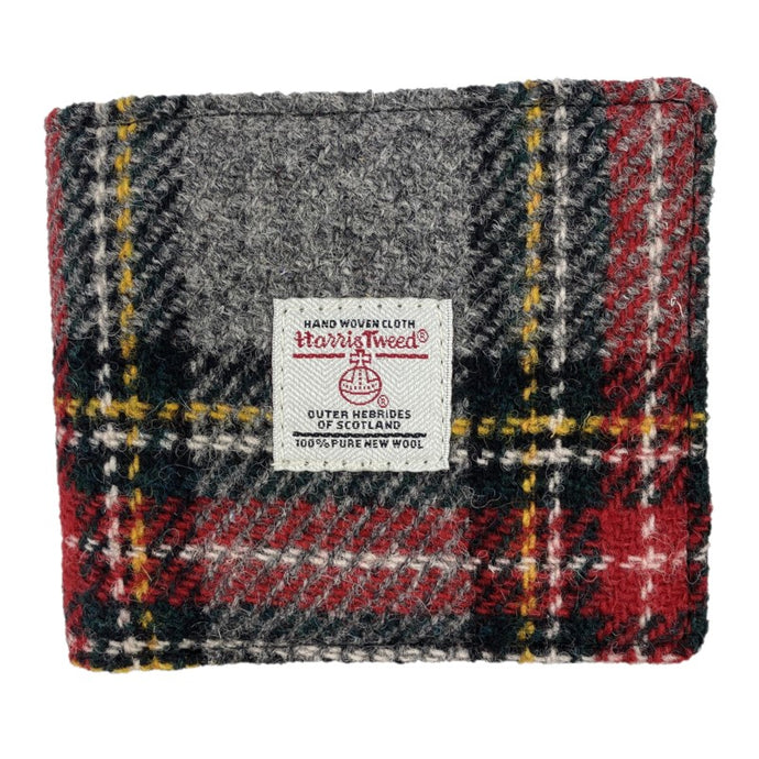Mens Harris Tweed Wallet with red, yellow, black and grey tweed and white Harris Tweed Label in the centre 