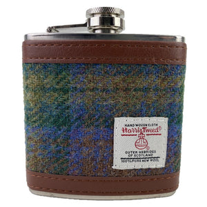 Harris Tweed Hip Flask with 6oz Volume and brown leather embroidery, silver top and white Harris Tweed label in the centre