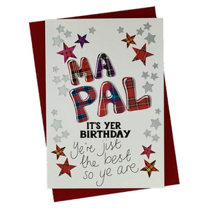 Scottish Birthday Card for friend with 'Ma Pal' in tartan writing