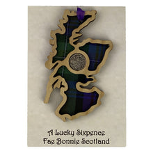 Load image into Gallery viewer, Lucky Sixpence Wooden Plaque with Scotland Map and tartan background
