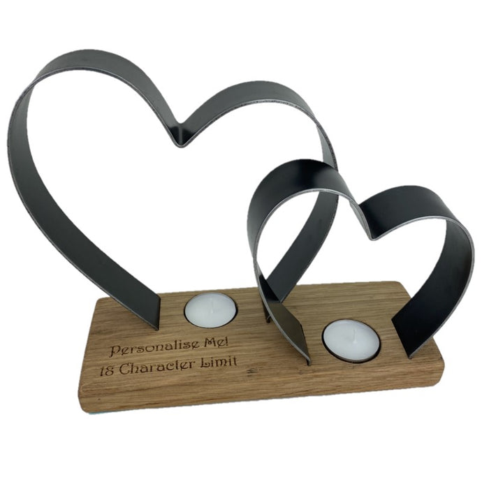 Personalisable Whiskey Barrel Woodel Tea Light Candle Holder with two metal hearts