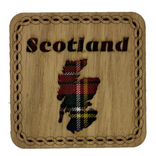 Load image into Gallery viewer, Square Wooden Map Coaster with Scotland Map made from red tartan