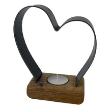 Load image into Gallery viewer, Wooden Tea Light Candle Holder with metal heart design and base made from whisky barrels