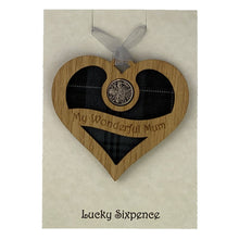 Load image into Gallery viewer, Wooden Plaque in the shape of a heart with lucky sixpence in the centre and 'my wonderful mum' text