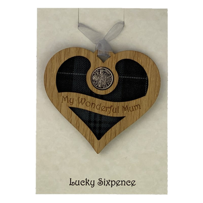 Wooden Plaque in the shape of a heart with lucky sixpence in the centre and 'my wonderful mum' text