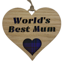 Load image into Gallery viewer, A hanging heart plaque with a tartan background featuring the phrase "World's Best Mum" and heart design.