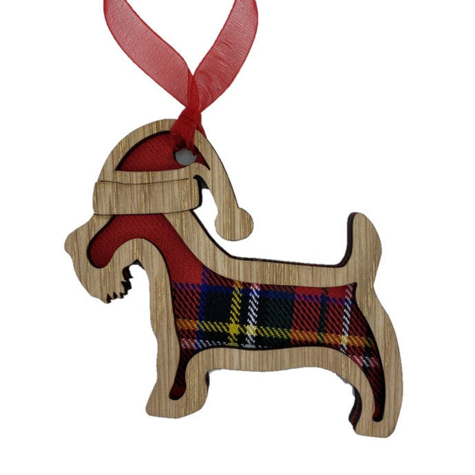 Christmas Scottie Dog Hanging Plaque on an oak veneered surround and a Royal Stewart tartan background.