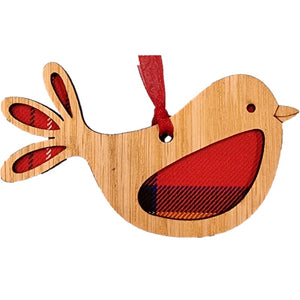 Christmas Robin Hanging Plaque on an oak veneered surround and a Royal Stewart tartan background.