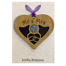 Load image into Gallery viewer, Lucky Sixpence Heart wooden plaque with Mr & Mrs