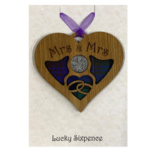 Load image into Gallery viewer, Lucky Sixpence Heart wooden plaque with Mrs &amp; Mrs
