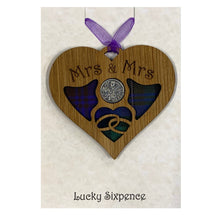 Load image into Gallery viewer, Lucky Sixpence Heart wooden plaque with Mrs & Mrs