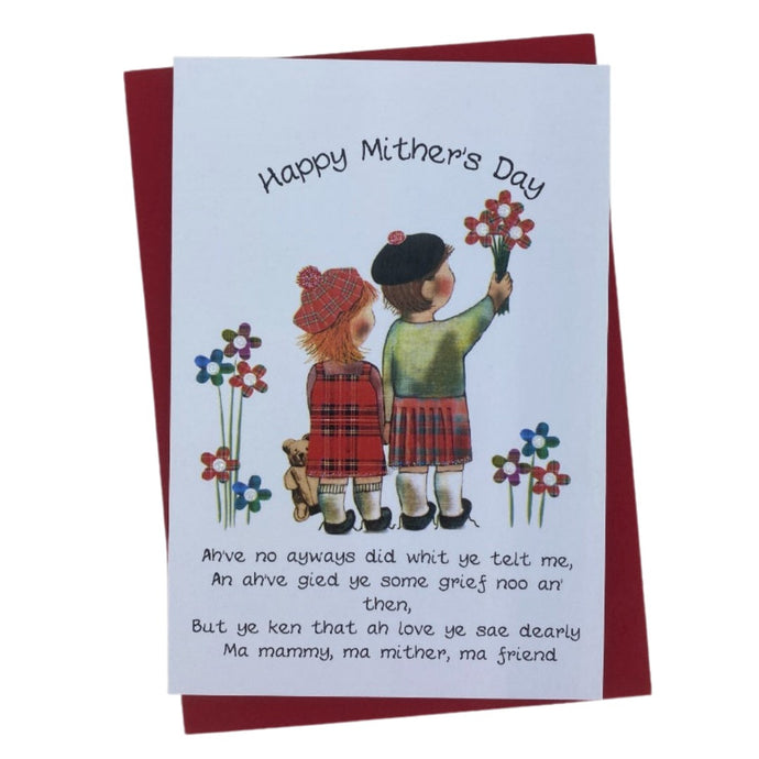 Happy Mother's Day card with a poem and kids holding tartan flowers design on the front.