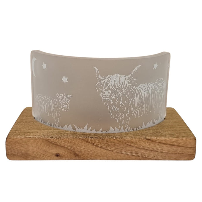 Wooden Tea Light Candle Holder with Glass Sheet and Highland Cow Design