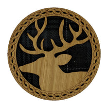 Load image into Gallery viewer, Round Wooden Coaster with tartan background and wooden stag design
