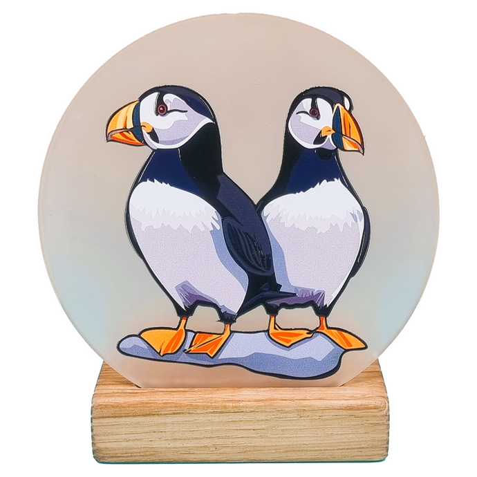 Wooden Tea Light Candle Holder with Puffins Design