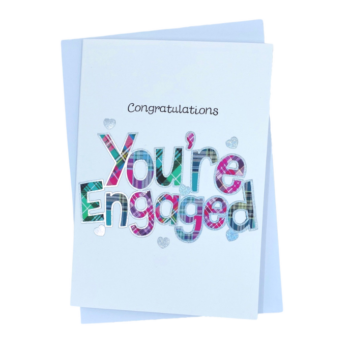 You`re Engaged card with tartan font