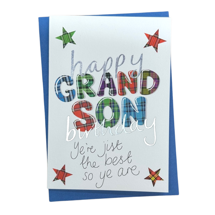Scottish Birthday Card For Grandson with Tartan Star Design