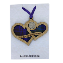 Load image into Gallery viewer, Wooden Plaque shaped with two hearts joined with lucky sixpence and tartan background
