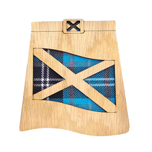 Load image into Gallery viewer, Kilt Shaped Wooden Mug Coaster with tartan background
