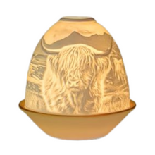 Load image into Gallery viewer, Porcelain dome tealight holder with detailed features a highland cow
