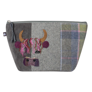 Tweed Highland Cow Applique Make Up Bag