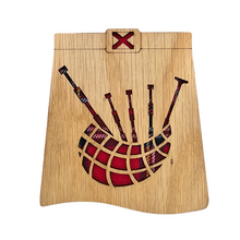 Load image into Gallery viewer, Kilt Shaped Wooden Mug Coaster with tartan background
