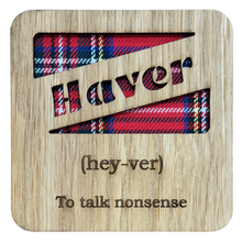 Load image into Gallery viewer, Wooden Mug Coaster with &#39;Haver&#39; text with tartan background
