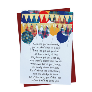 Funny Retirement Card with Tartan Balloons and Poem on the Front