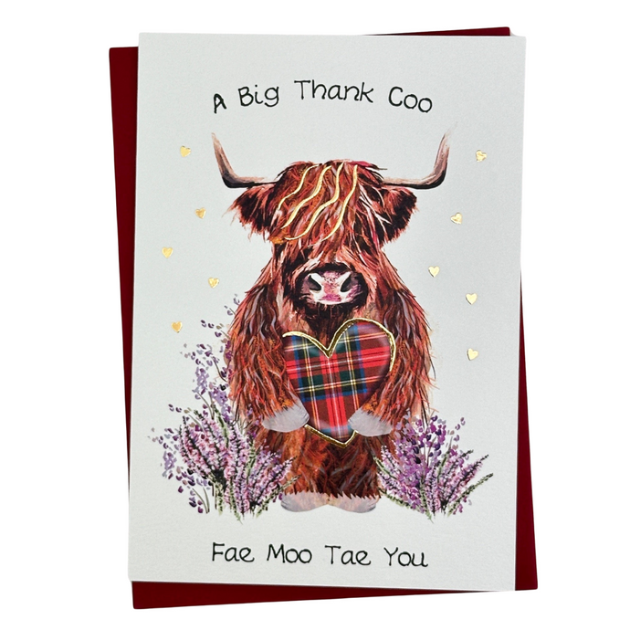 Thank you Card with A Highland Coo in the heather with a big tartan heart
