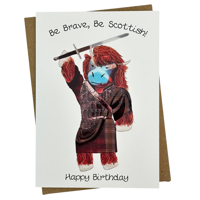Birthday card with Highland Cow in a kilt design