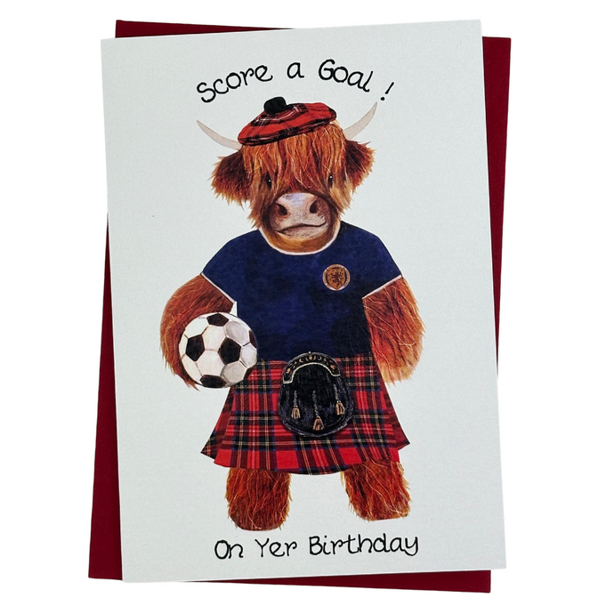 Birthday card with Highland Cow in a kilt and football top design