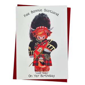 Birthday card with Highland Cow in a kilt design