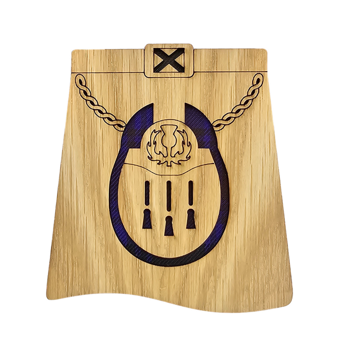 Kilt Shaped Wooden Mug Coaster with tartan background