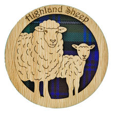 Load image into Gallery viewer, Wooden Mug Coaster with design of two highland sheep
