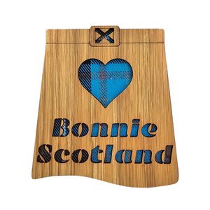 Kilt Shaped Wooden Mug Coaster with tartan background