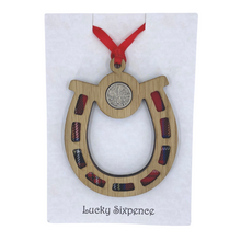 Load image into Gallery viewer, Wooden Plaque Horseshoe with lucky sixpence and tartan background
