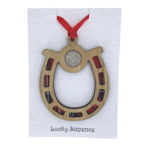 Wooden Plaque Horseshoe with lucky sixpence and tartan background